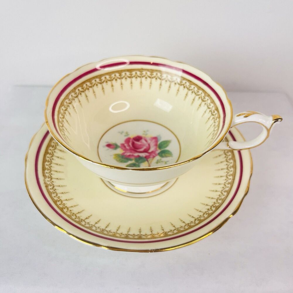 VTG. Paragon Floating Pink & Gold Trim Cabbage Rose Cup & Saucer Signed Numbered